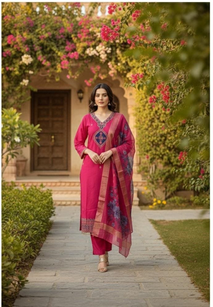 Garhwal Silk Suit Set with Organza Dupatta
